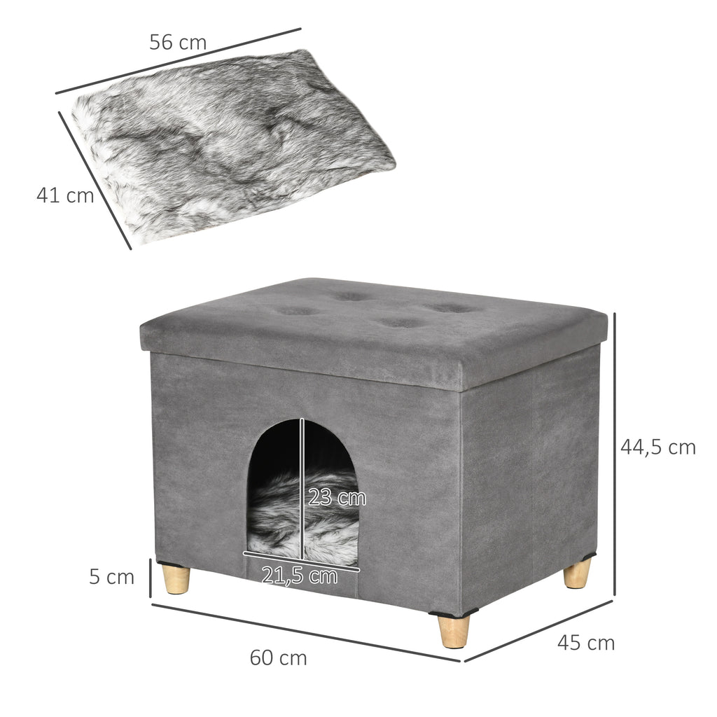Niche chat maison de chat design surélevé avec coussin amoviable et lavable en peluche doux repose-pieds, dessus ouvrable, gris-2