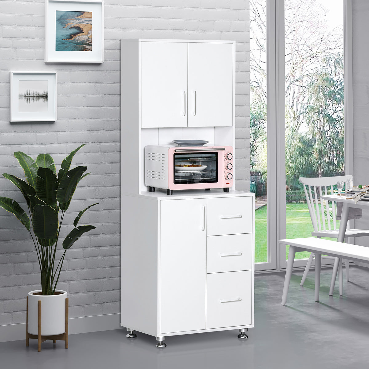 Buffet haut cuisine, armoire de cuisine avec 3 portes, 3 tiroirs et plan de travail, 60 x 40 x 160 cm, blanc-1