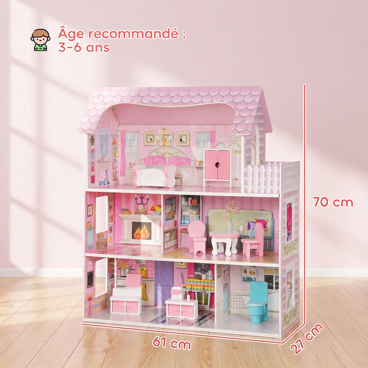 Maison de Poupée en Bois pour Enfants, Maison de Rêve Filles, 6 Pièces, Éclairage LED et 8 Meubles, 3-6 ans, Rose-2