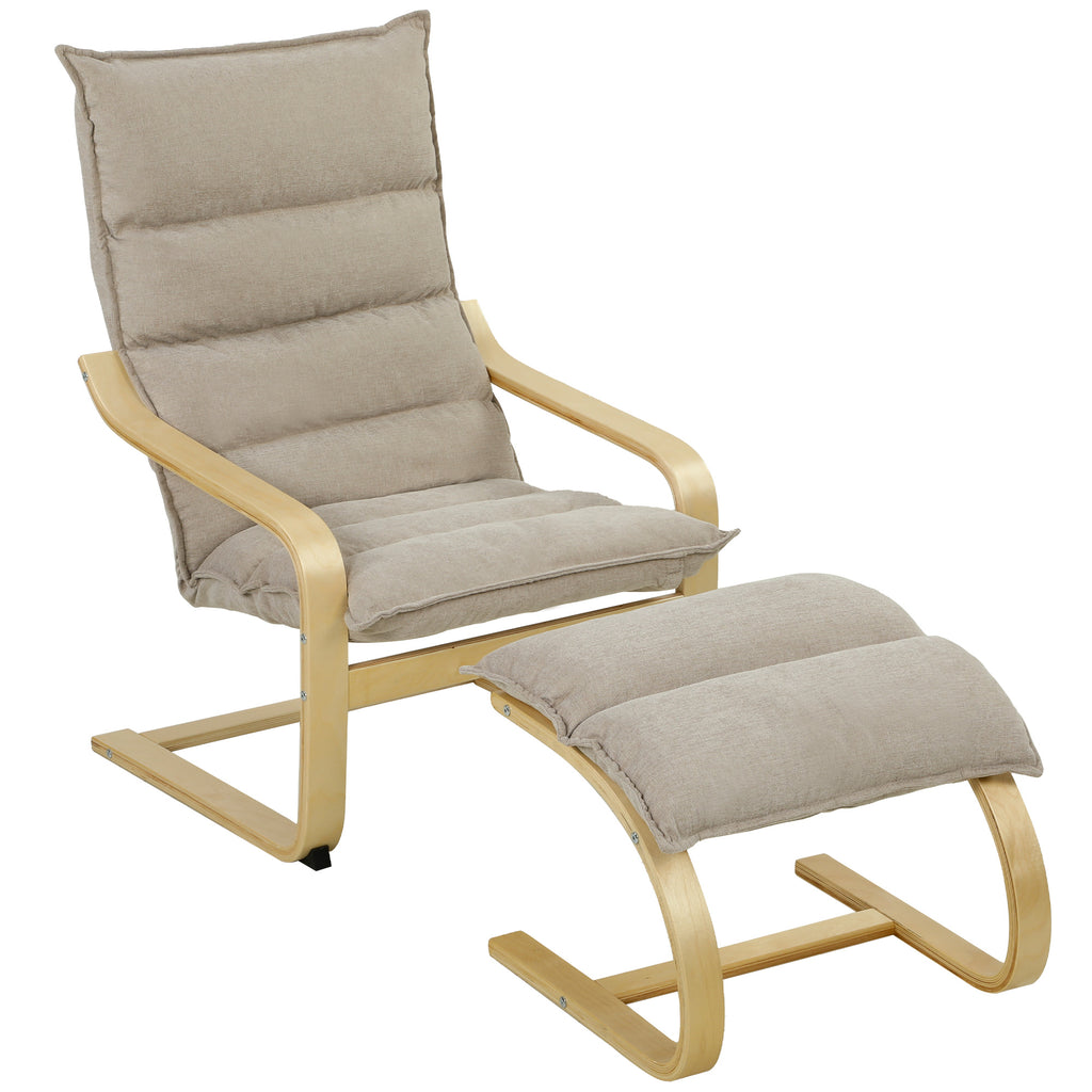 Fauteuil de Salon avec Repose-Pied, Fauteuil d'Appoint en Lin, Assise Large, Dossier Haut, Bascule Douce, Beige-0