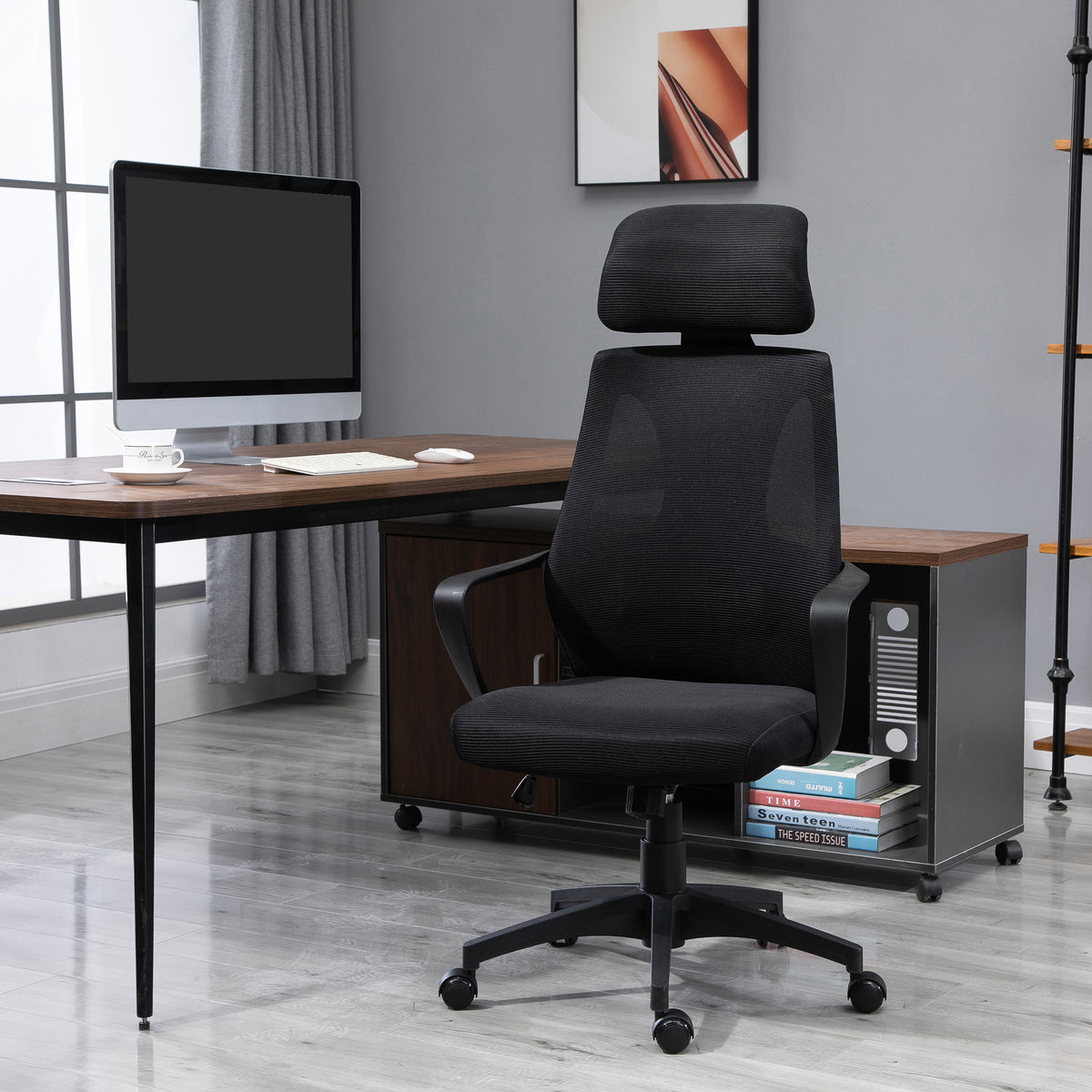 Chaise bureau ergonomique, fauteuil de bureau en maille, appui-tête, hauteur réglable, 64 x 55 x 116-126 cm, noir-1
