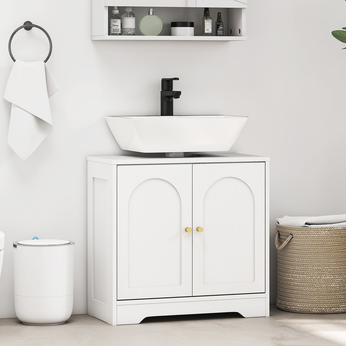 Meuble sous lavabo salle de bain avec placard à portes et étagère réglable, pour bassin avec ou sans pédestal, blanc-1