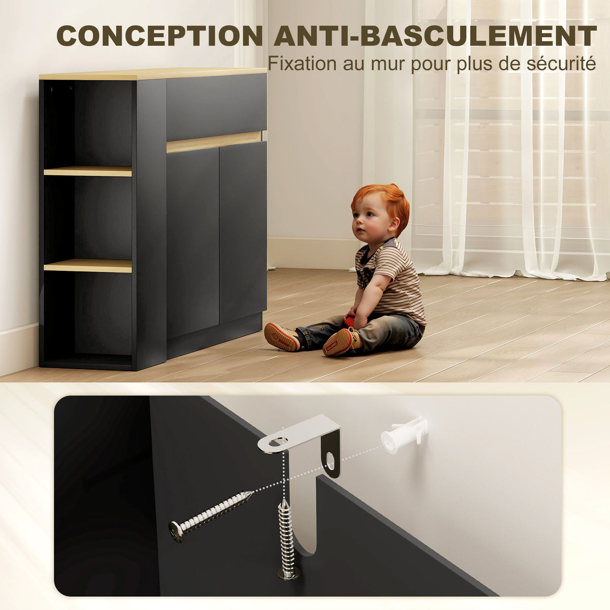 Buffet meuble de rangement avec 2 tiroirs 3 étagères ouvertes et placard 2 portes 110 x 29,5 x 82 cm noir-5
