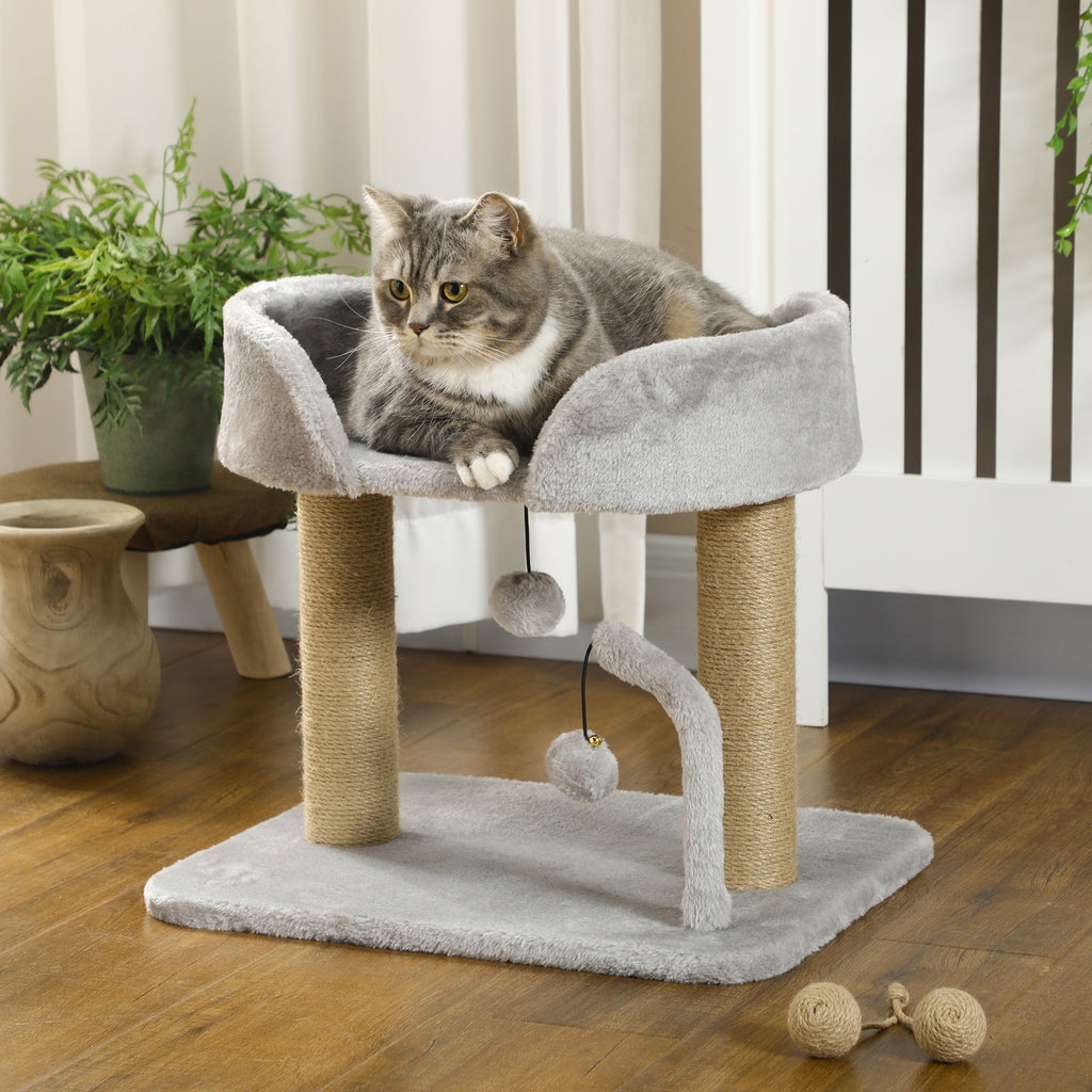Arbre à chat grattoir design avec jeu 2 pompons suspendus 2 poteaux jute plateforme peluche jute 48 x 38 x 42 cm gris-1