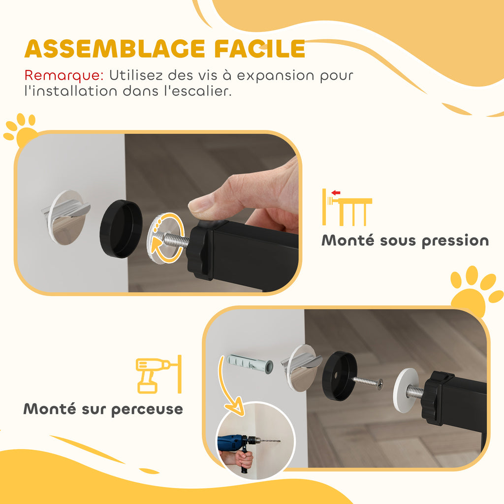 Barrière de Sécurité Chien Réglable 76-107 cm, avec 2 Rallonges (10/15 cm), Ouverture d'une Main, sans Perçage, Noir-5