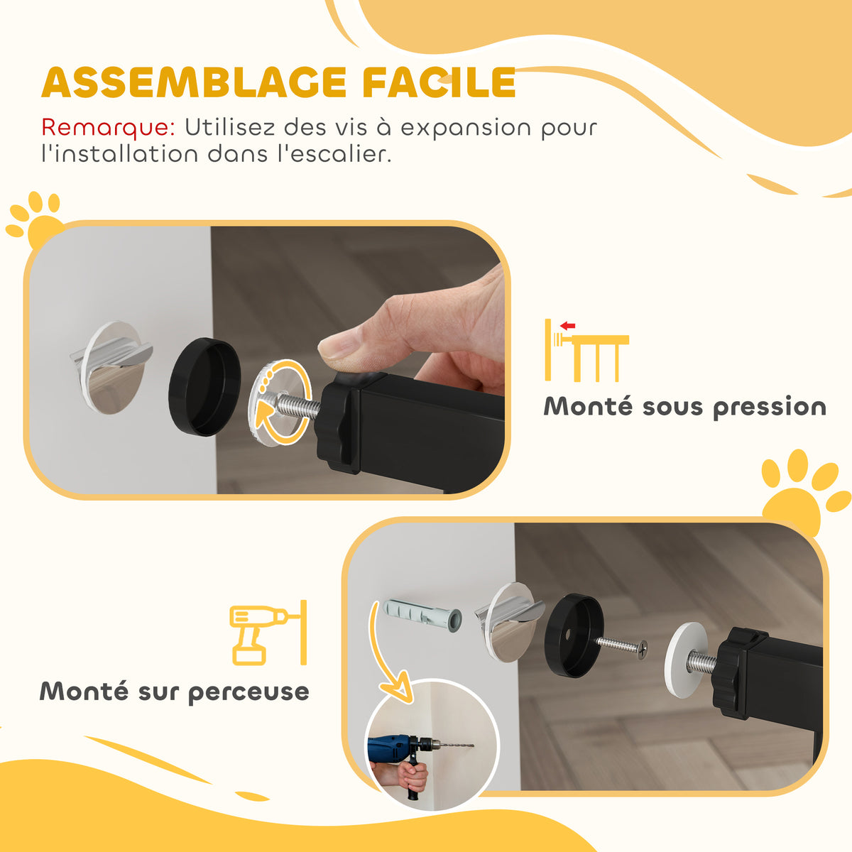 Barrière de Sécurité Chien Réglable 76-107 cm, avec 2 Rallonges (10/15 cm), Ouverture d'une Main, sans Perçage, Noir-5