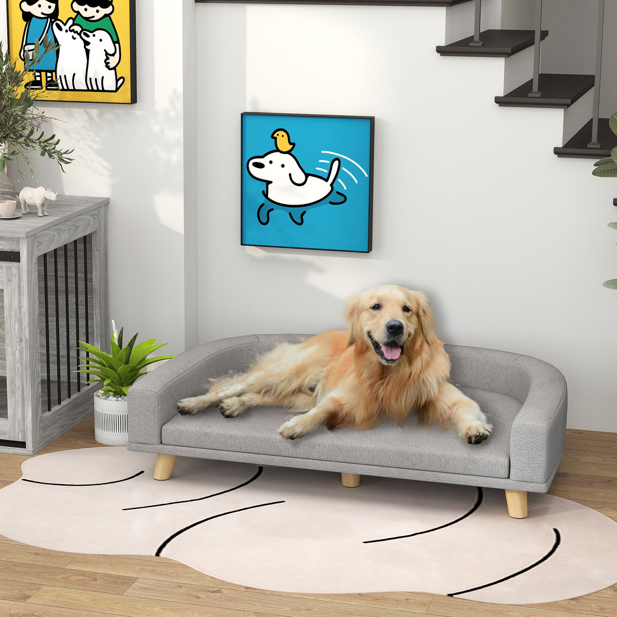 Canapé pour chien grand lit surélevé pour chien coussin lavable cadre en bois tissu polyester 98 x 67 x 25 cm gris-9