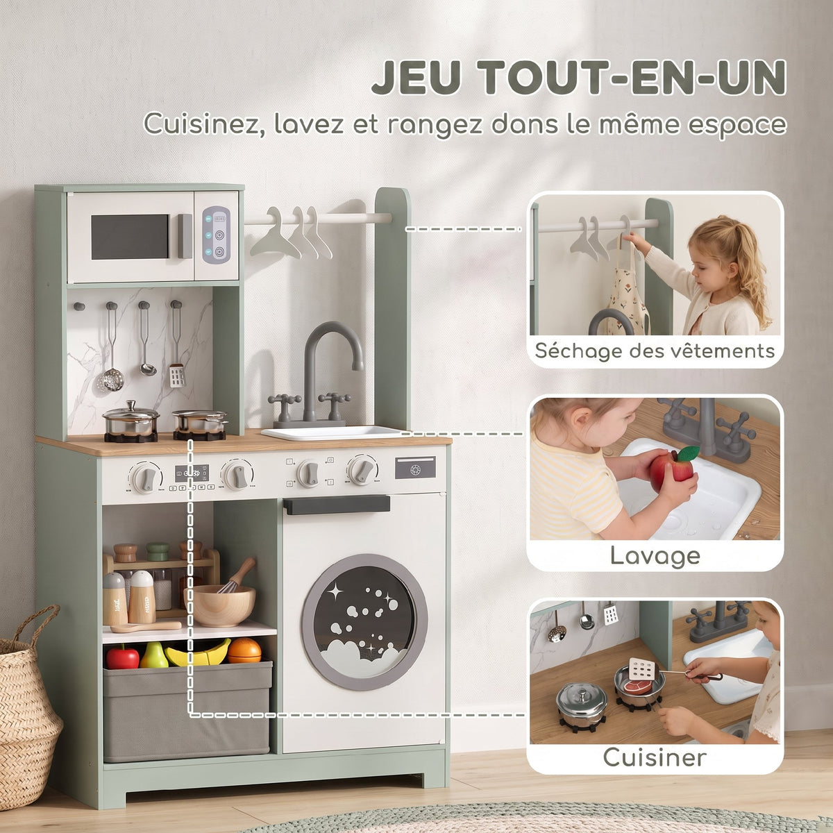 Cuisine enfant jouet d'imitation, dinette enfant avec cuisinière, évier, micro-ondes, 5 accessoires, vert-3