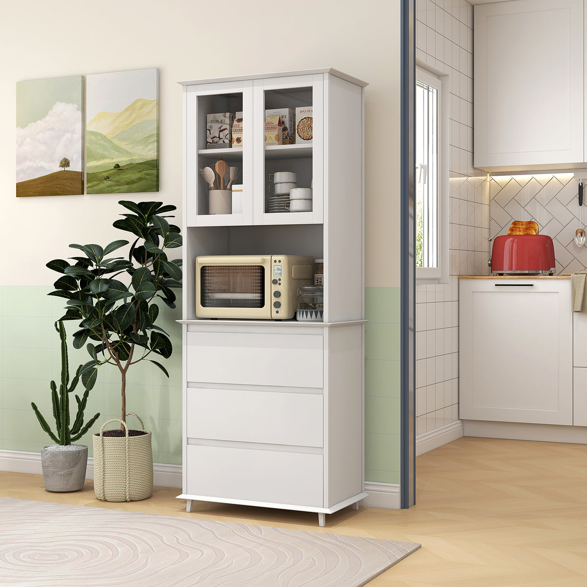 Buffet de cuisine meuble de rangement placard 2 portes 3 tiroirs et niche centrale dim. 68L x 38l x 172H cm MDF blanc-1