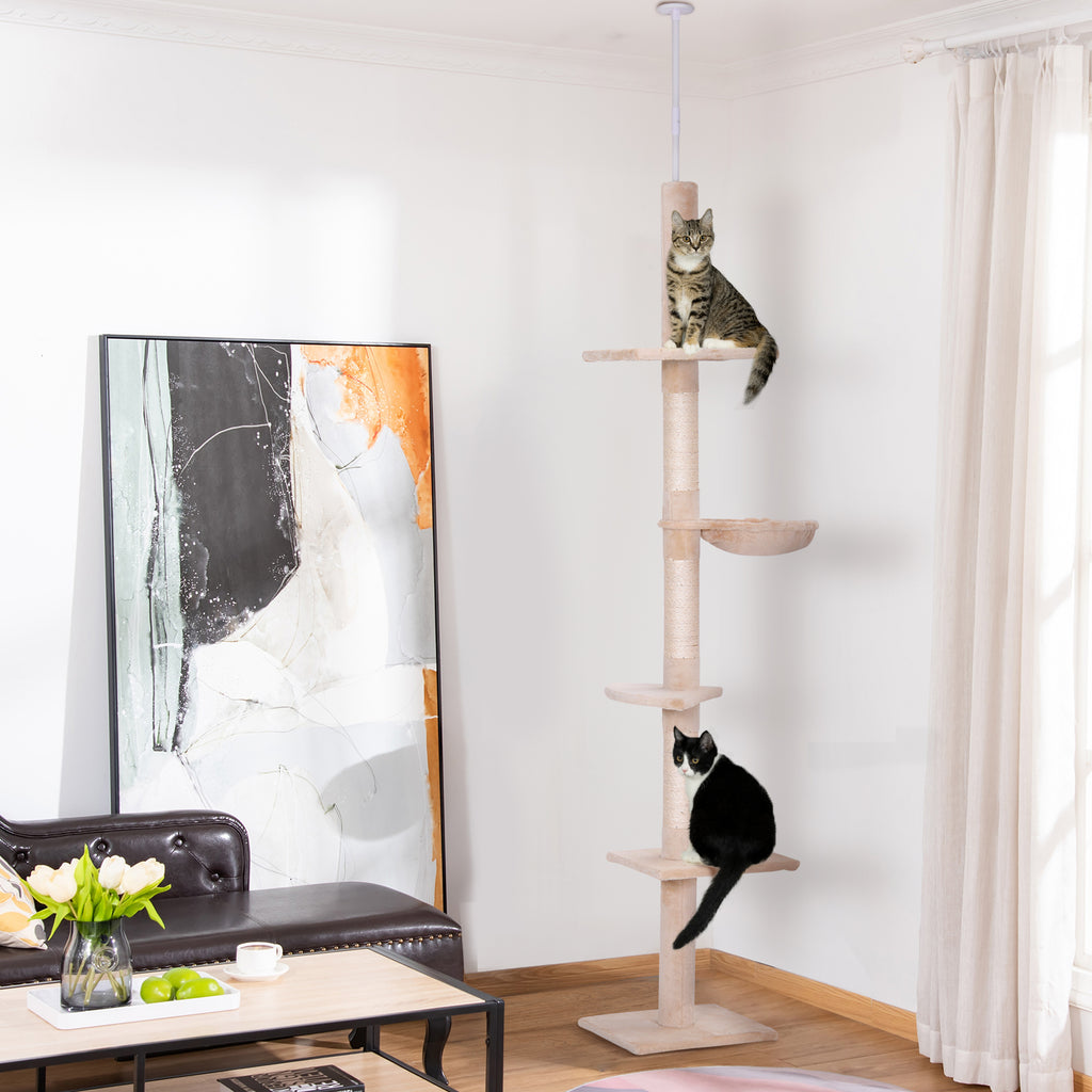 Arbre chat du sol au plafond poteau à griffer L40 x l 34 x H 230-260 cm 5 niveaux d'activités beige-1