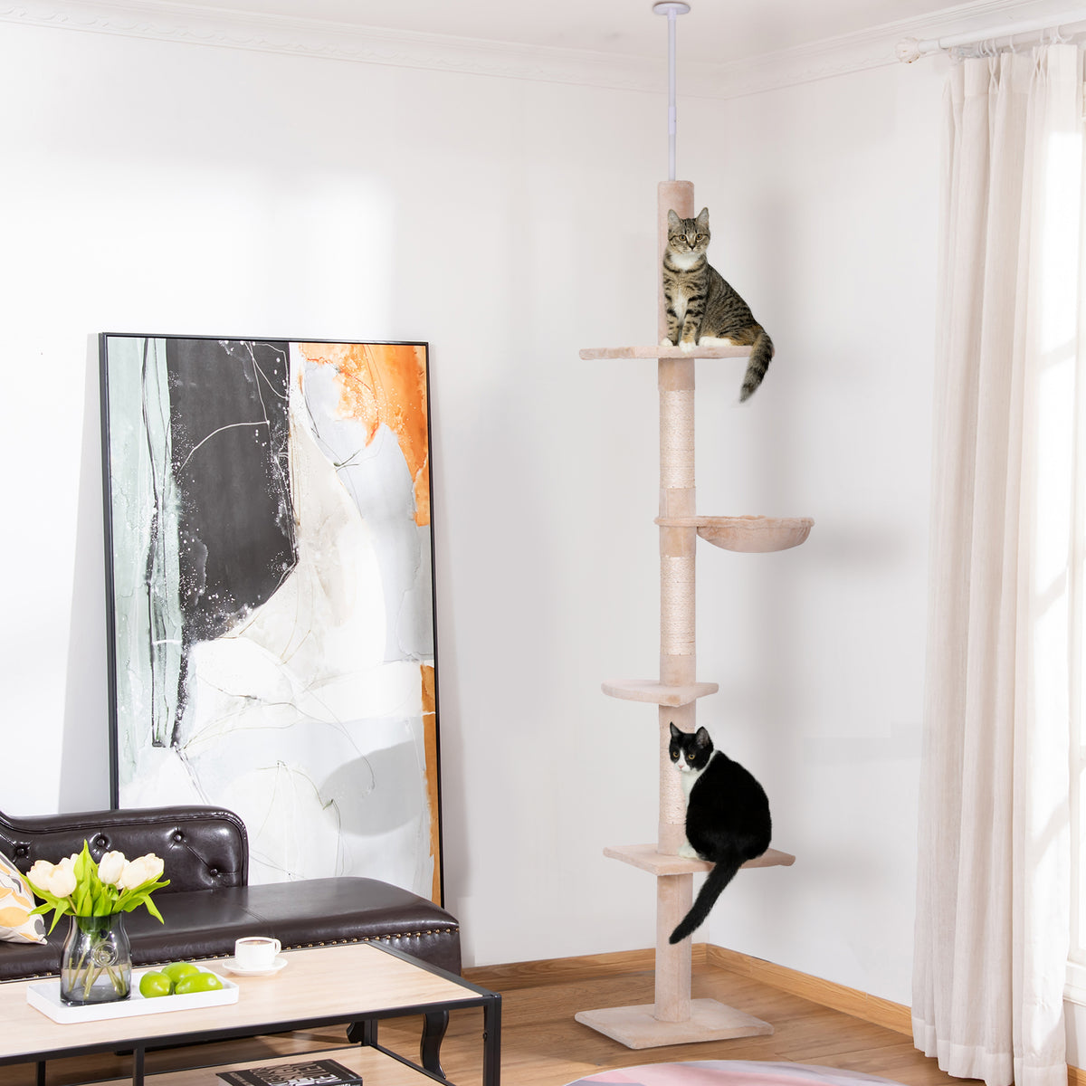 Arbre chat du sol au plafond poteau à griffer L40 x l 34 x H 230-260 cm 5 niveaux d'activités beige-1