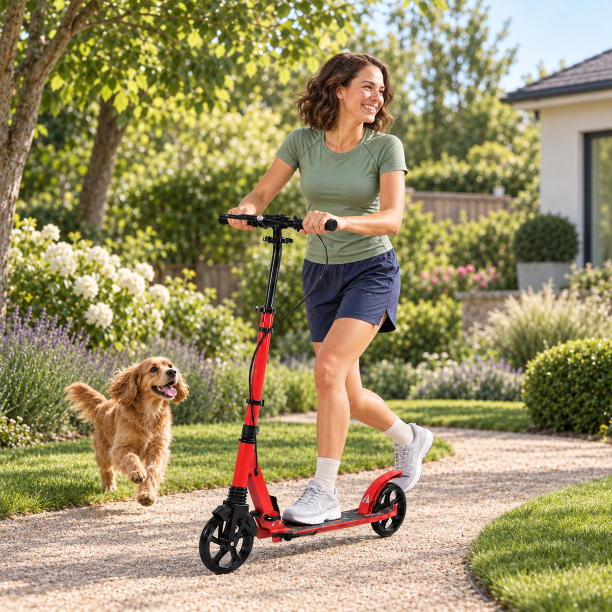 Trottinette Pliable en Aluminium, Guidon Réglable, Freinage Double à Main/Pédale, Roues PU 18 cm, 86x38x103,5cm, Rouge-8