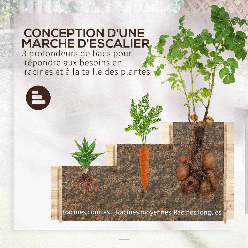 Jardinière sur pieds à 3 niveaux carré potager de jardin avec 9 compartiments en bois de sapin et tissu non tissé-3