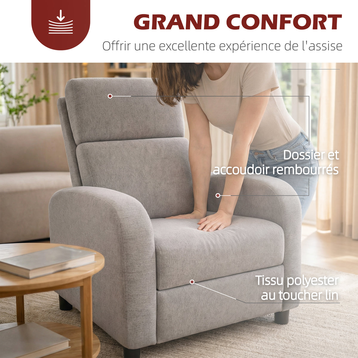 Fauteuil relax inclinable jusqu'à 160° manuellement avec repose-pieds intégré, charge max. 120kg, grand confort, gris-3