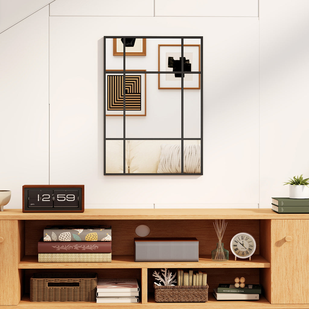 Miroir mural verrière rectangulaire style fenêtre, horizontal ou vertical avec 4 crochets, en métal noir - 50x70 cm-9
