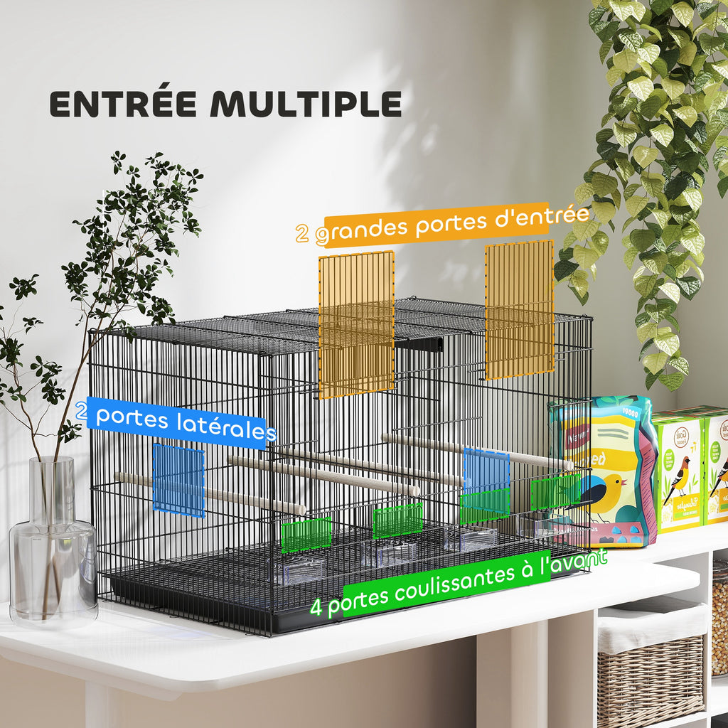 Cage à oiseaux volière intérieur acier avec séparateur 4 perchoirs plateau coulissant 4 mangeoires 76 x 46 x 46 cm noir-5