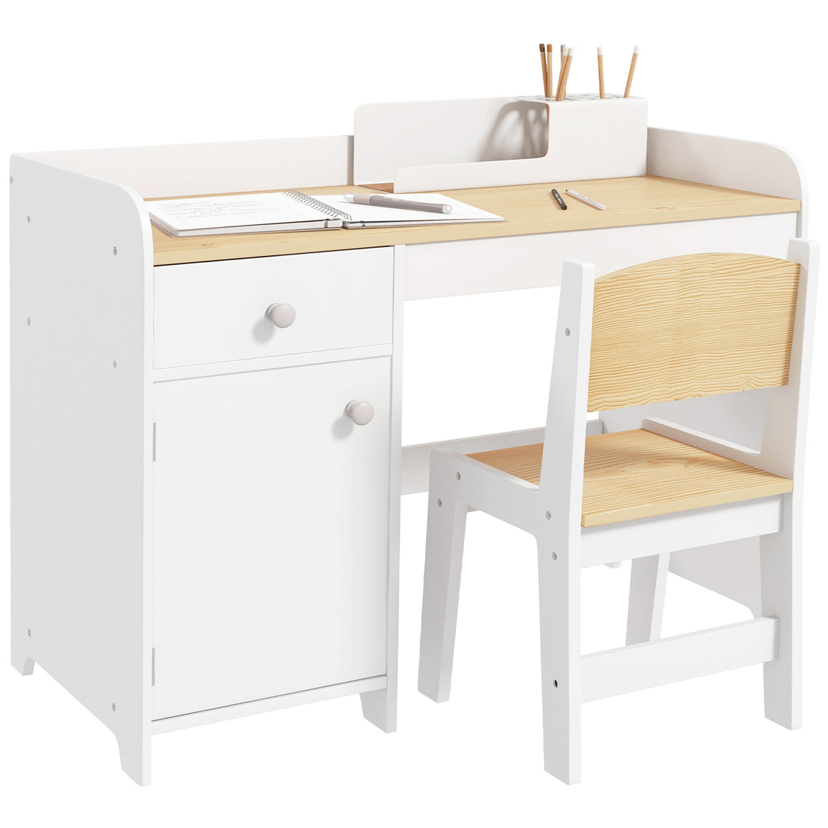 Bureau enfant avec chaise, table enfant avec tiroir, placard et large plateau, pour 3 à 6 ans, 80 x 39 x 59 cm, blanc-0