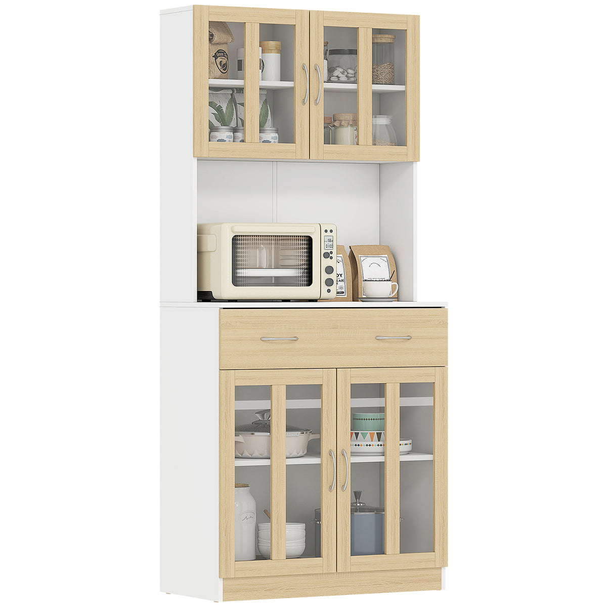 Buffet haut de Cuisine Armoire de Cuisine Multi-Rangement 4 Portes vitrine Verre avec étagère tiroir Coulissant Grand Plateau en Bois Blanc Aspect chêne Clair-0
