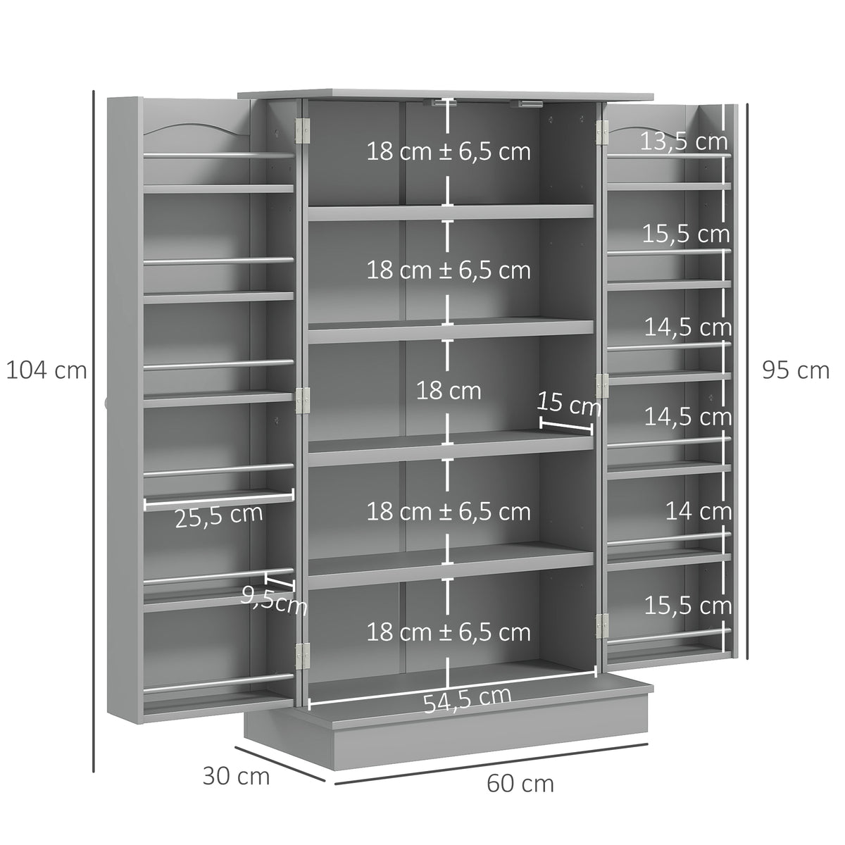 Armoire meuble de cuisine garde-manger 2 portes avec 5 étagères et 12 porte-épices - 60 x 30 x 104 cm - gris-2