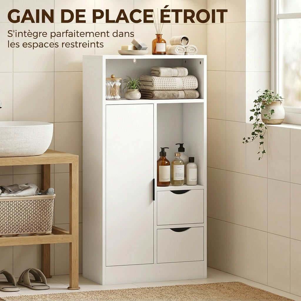 Meuble de salle de bain, meuble de rangement étroit avec 2 tiroirs, compartiments ouverts, 50x25x100cm, blanc-5