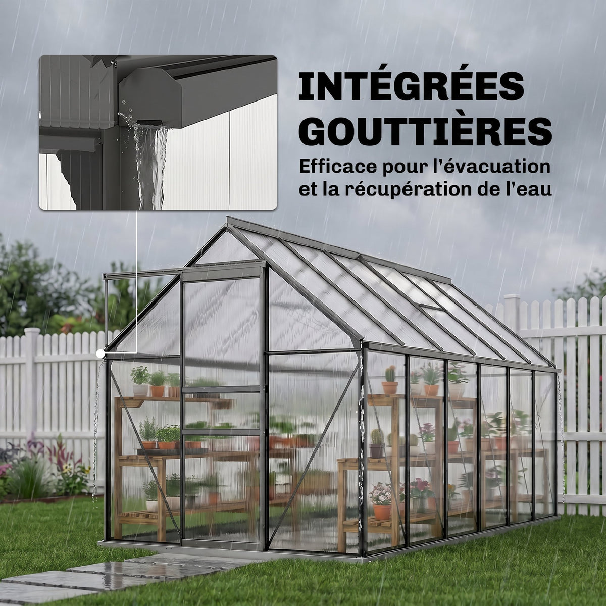 Serre de jardin en aluminium polycarbonate avec fondation, serre avec fenêtre réglable porte coulissante 190x375x199cm-6