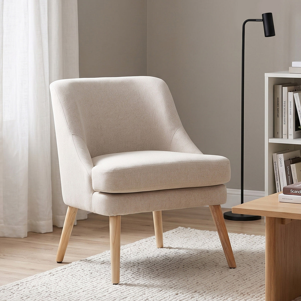 Fauteuil Scandinave Confortable pour Salon et Chambre, Pieds en Bois Massif, Revêtement en Tissu Lin, Beige-1