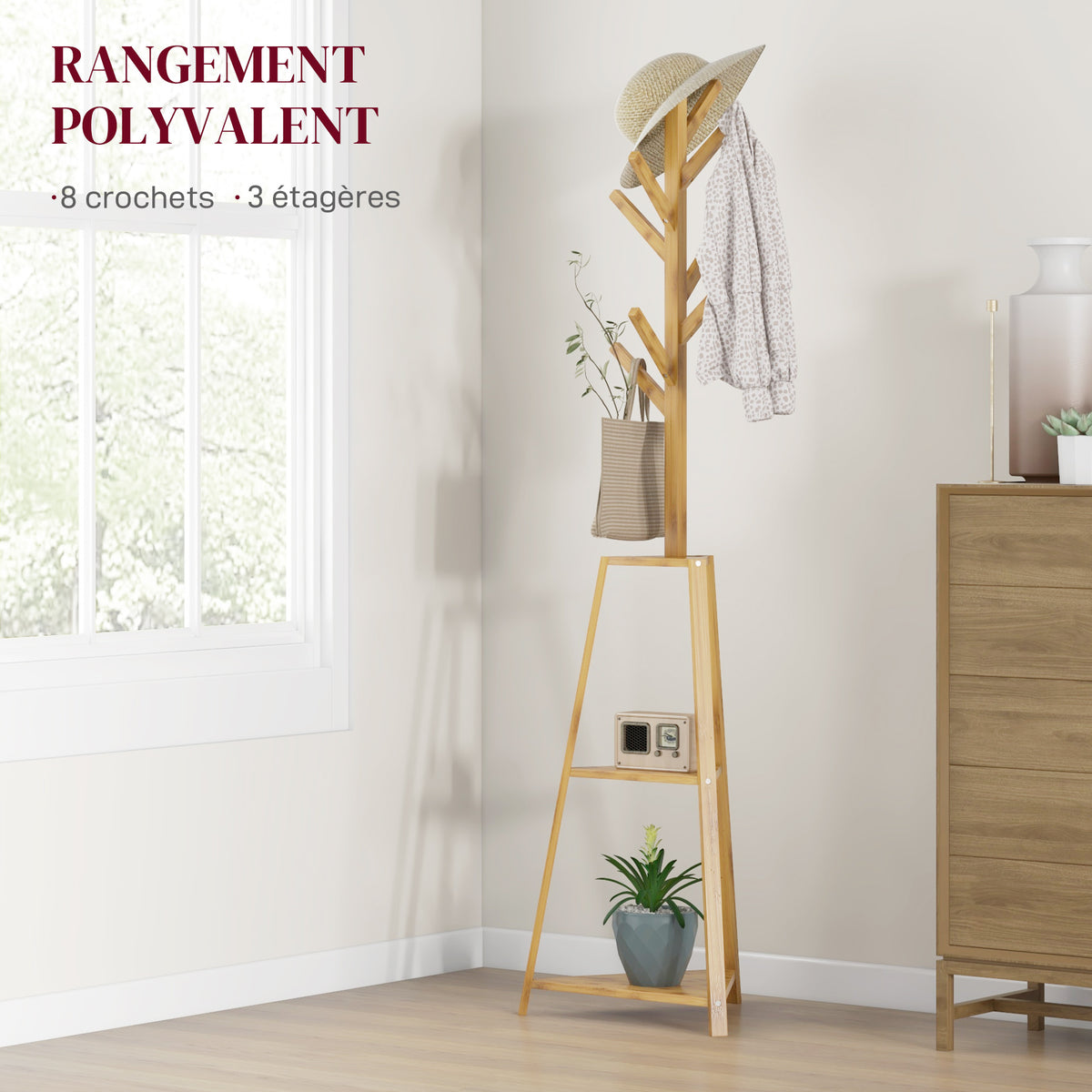 Portemanteau sur pied en bois bambou portant à vêtements 8 patères 3 étagères 46 x 46 x 175 cm naturel-4