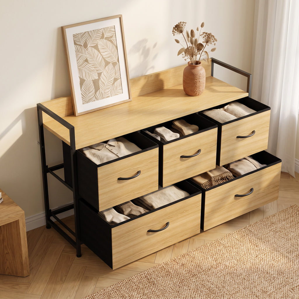 Commode, meuble de rangement avec 5 tiroirs en tissu pliables, plateau et cadre en acier, 98 x 29 x 63 cm, chêne-7