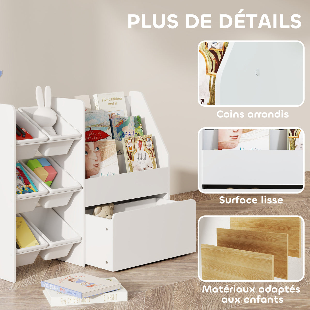 Meuble rangement enfant rangement jouet enfant 6 bacs amovibles et grand coffre à roulettes 100 x 30 x 80 cm blanc-6