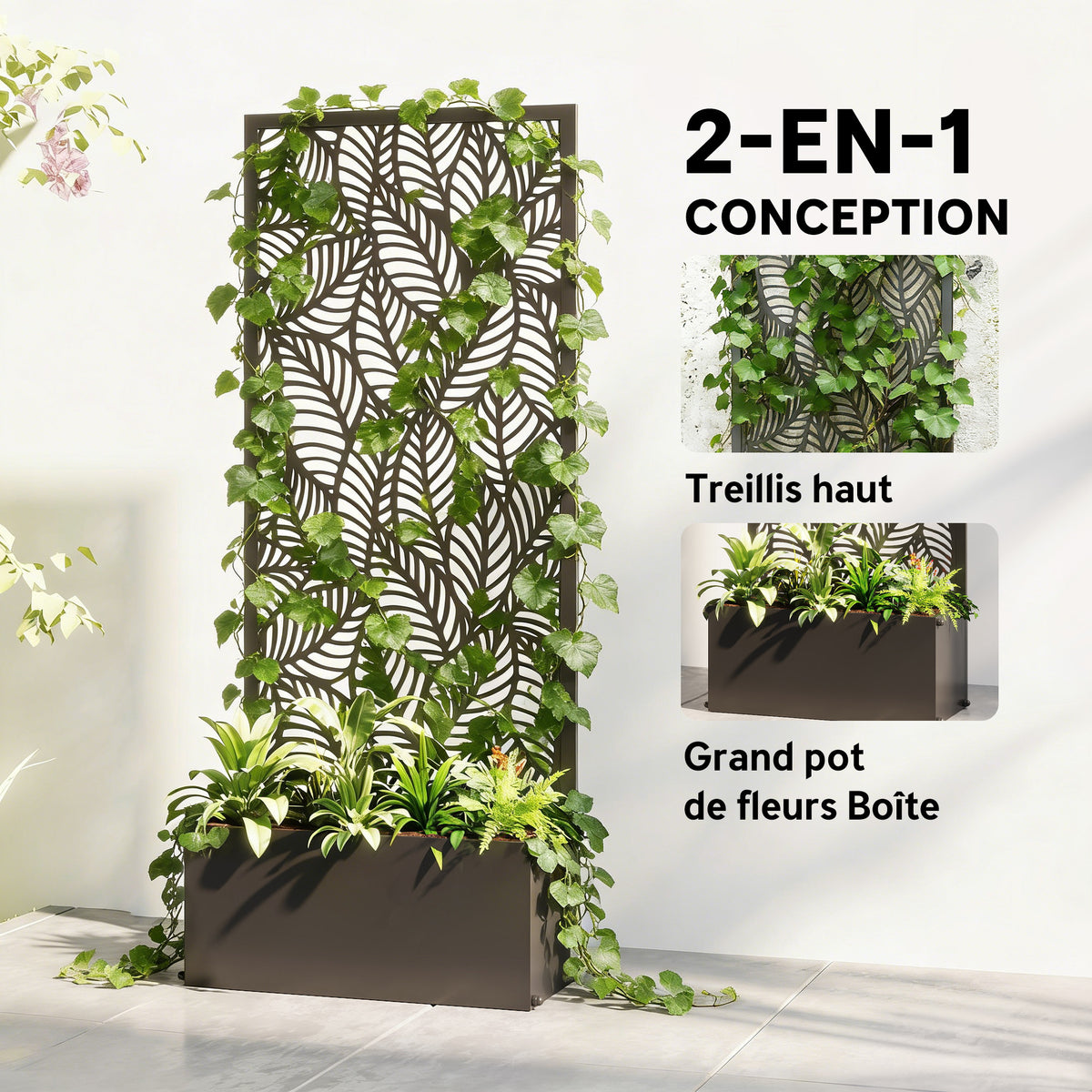 Jardinière avec treillis, bac à fleurs, avec brise-vue, pour plantes grimpantes, métal, 45 x 21,5 x 110 cm, noir-3
