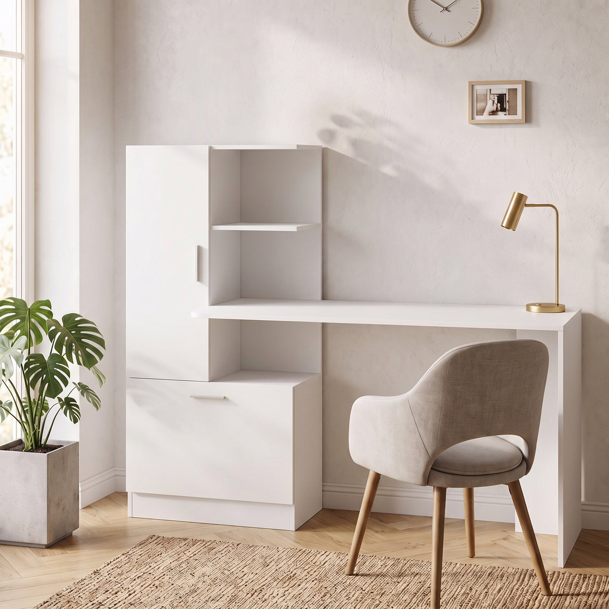 Bureau d'Ordinateur avec Bibliothèque, Bureau Informatique, Placard et Étagères Ouvertes, 150x55x122cm, Blanc-1