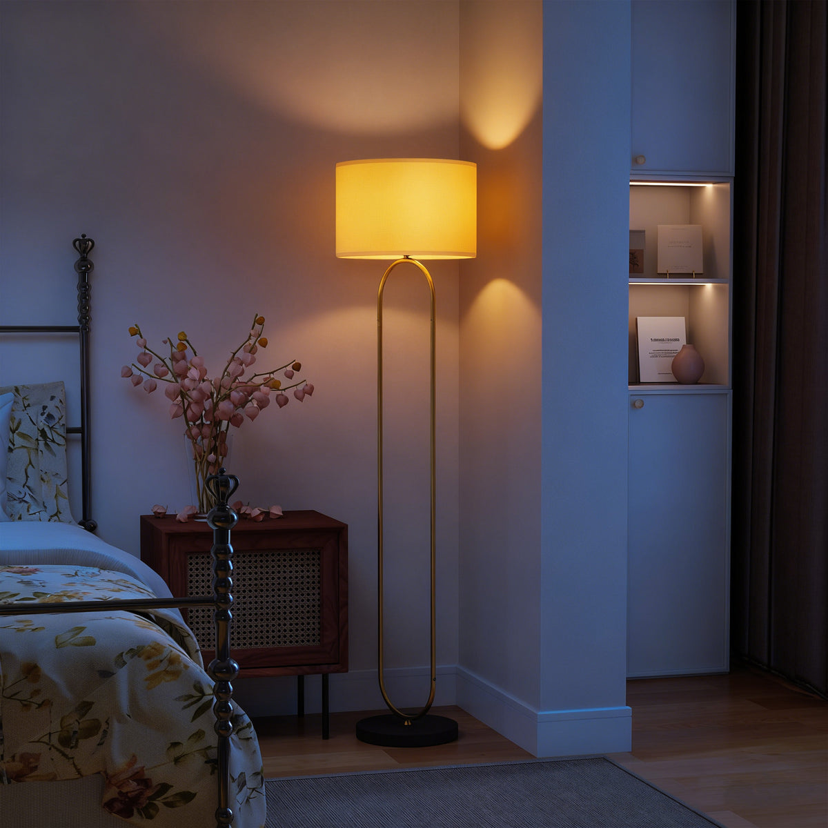 Lampadaire abat-jour en lin douille E27 style moderne interrupteur à pied pour salon et chambre 156 cm doré et noir-1