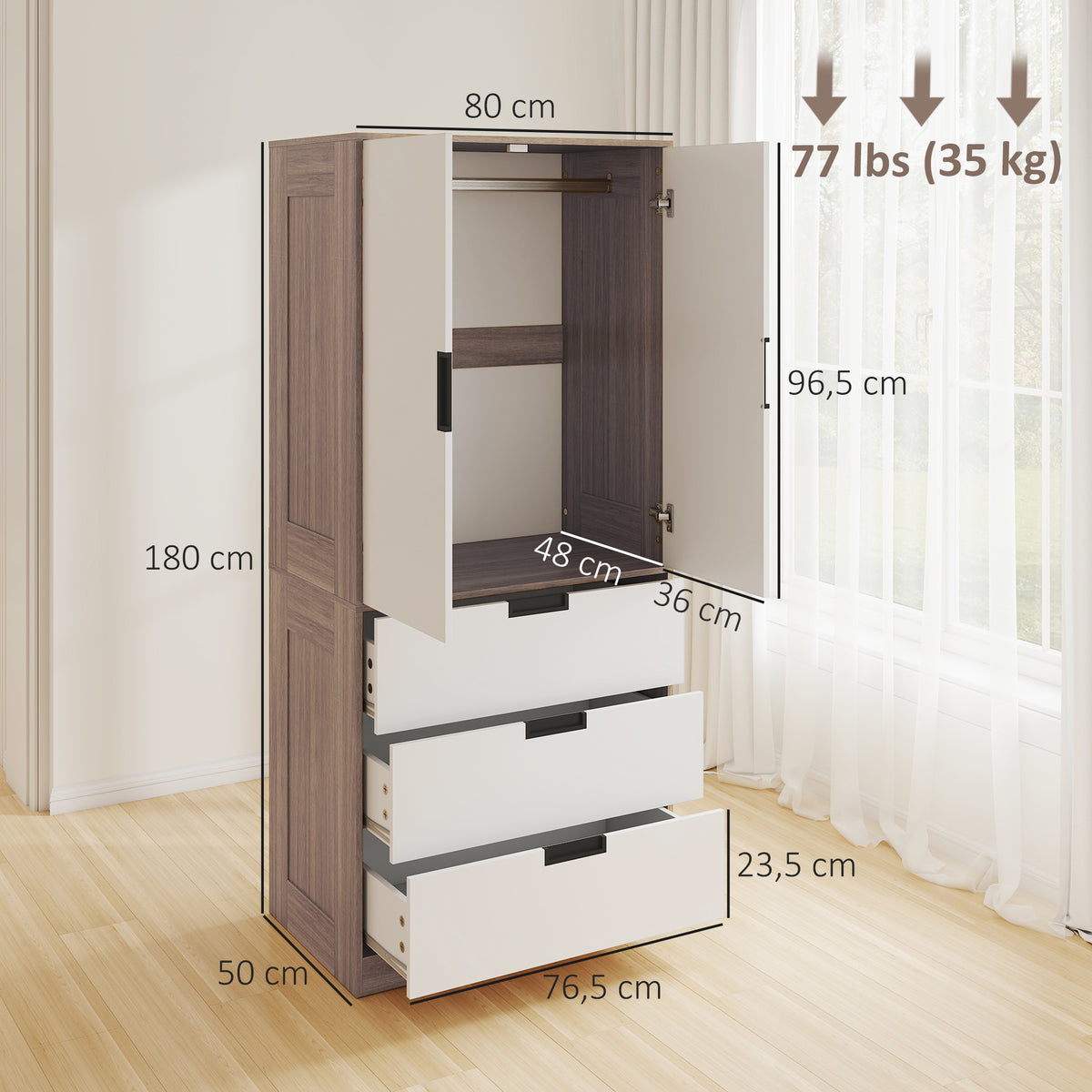 Armoire 2 portes, armoire moderne avec 3 tiroirs et tringle de suspension pour chambre à coucher, marron-2