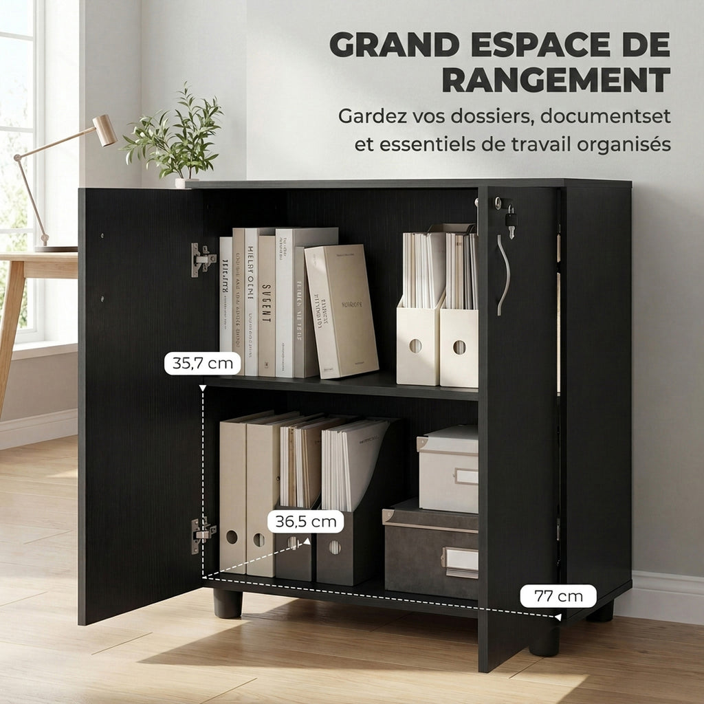 Armoire de Bureau à 2 Niveaux, Meuble de Rangement Bureau avec 2 Portes, Serrures et Clés, 80x40x80cm, Noir-3