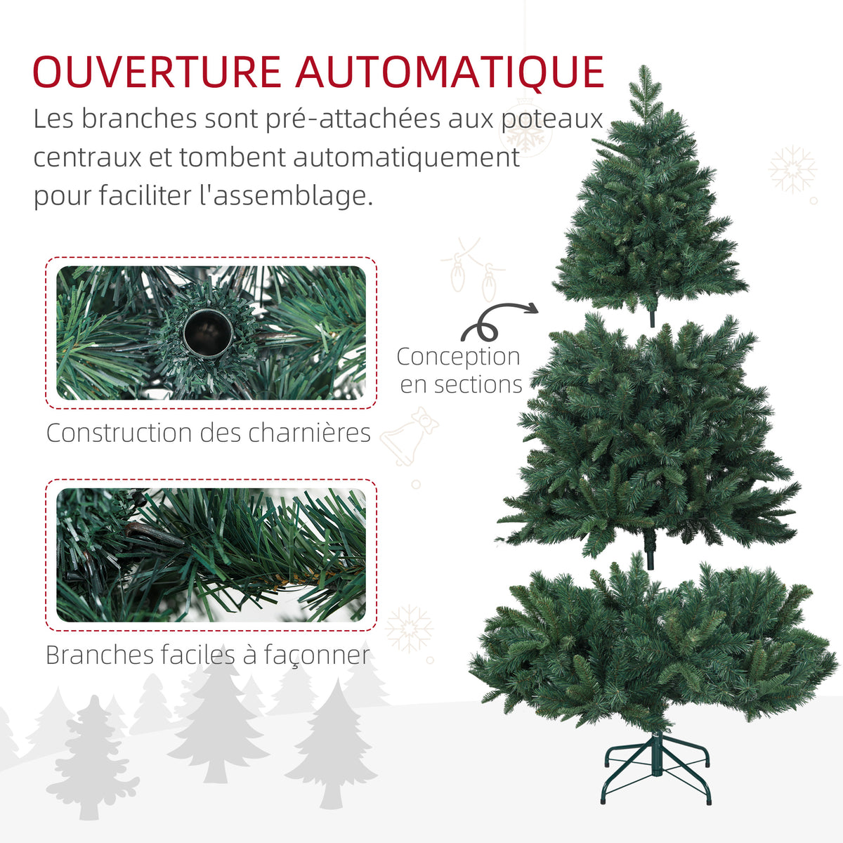 Sapin de Noël Artificiel 180 cm Arbre de Noël avec support en acier pliable, 1061 branches, décoration de Noël, vert-5