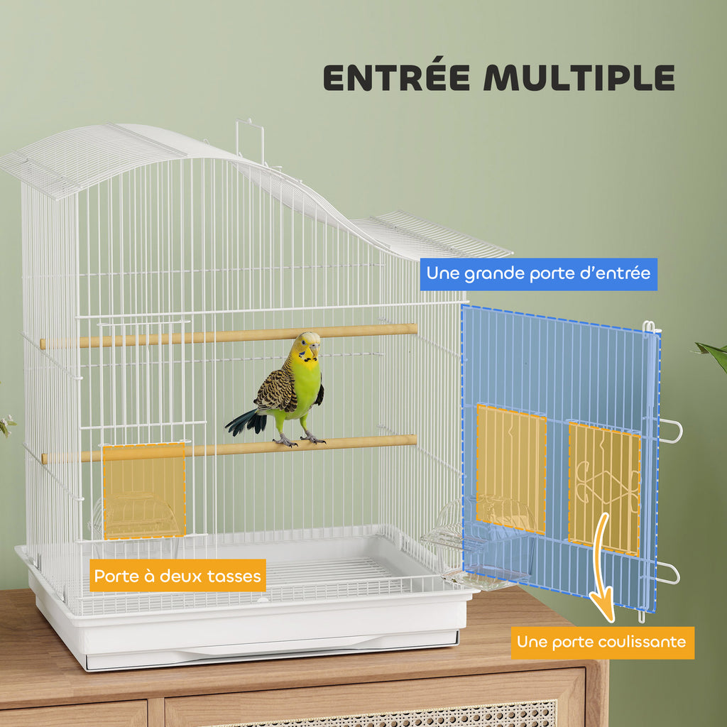 Cage à oiseau volière avec 4 portes, 2 perchoirs, plateau coulissant, pour inséparables perruches 4,7,5x36x54,5cm, blanc-4