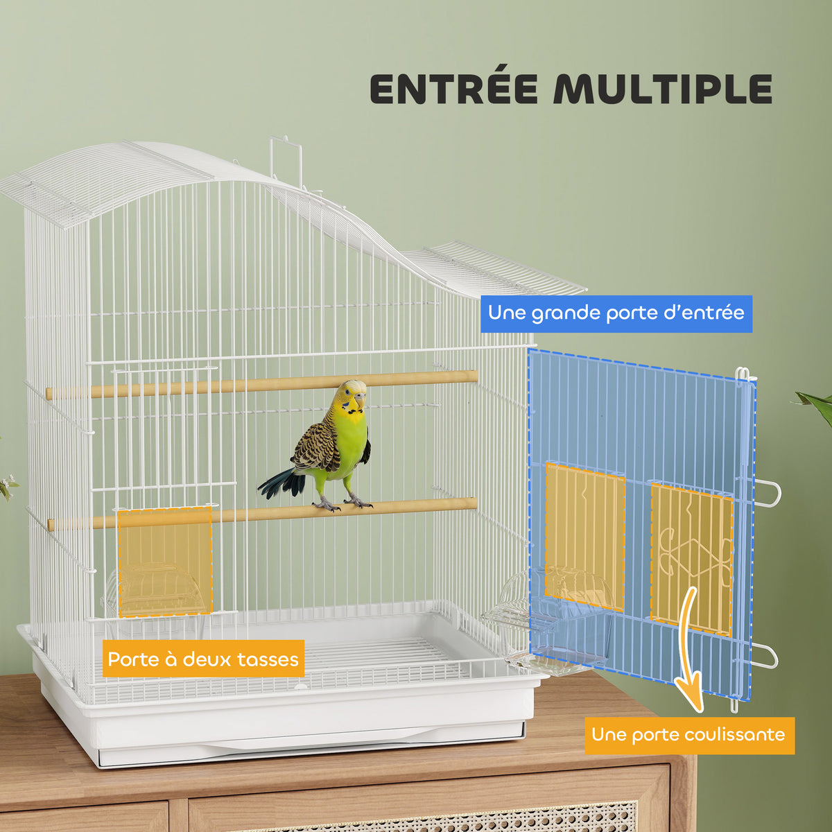 Cage à oiseau volière avec 4 portes, 2 perchoirs, plateau coulissant, pour inséparables perruches 4,7,5x36x54,5cm, blanc-4