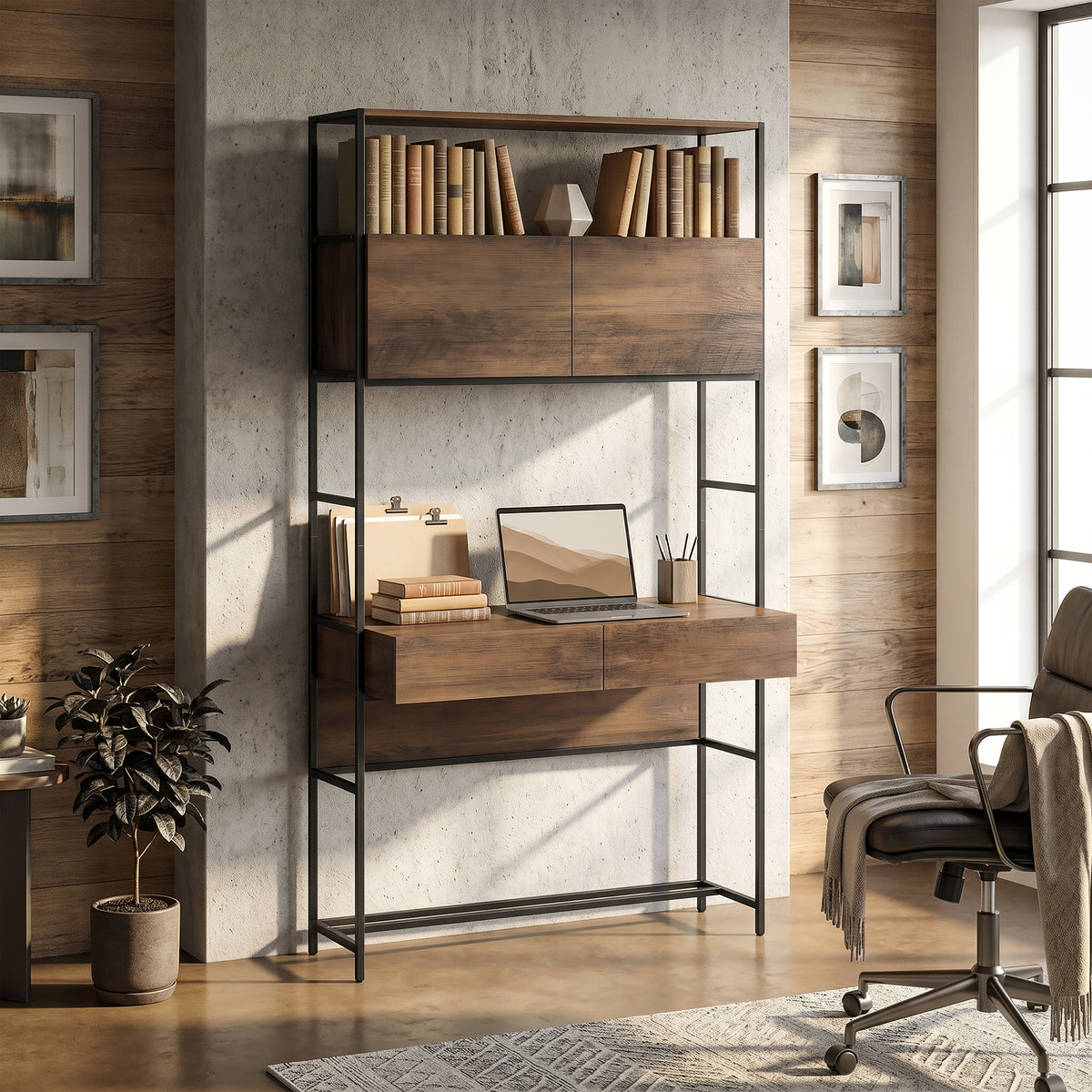 Bureau d'ordinateur avec 2 tiroirs, 100 x 45 x 185 cm, bureau avec rangement, 2 portes et étagères ouvertes, marron-1