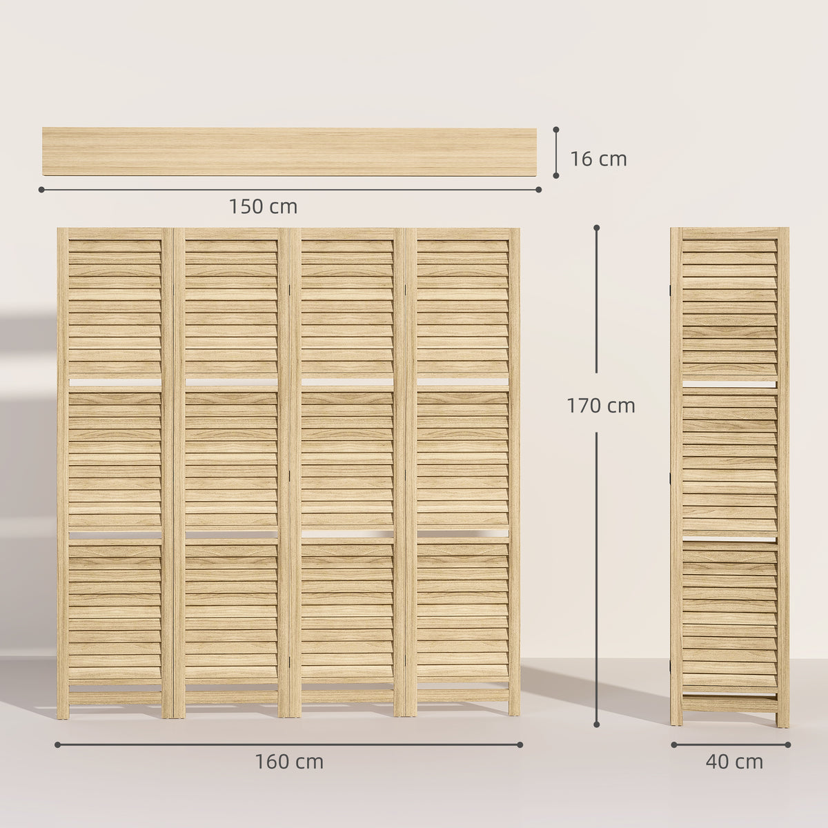 Paravent intérieur 4 panneaux 160L x 170H cm 3 étagères pliables séparateur de pièce portes persiennes naturel-2