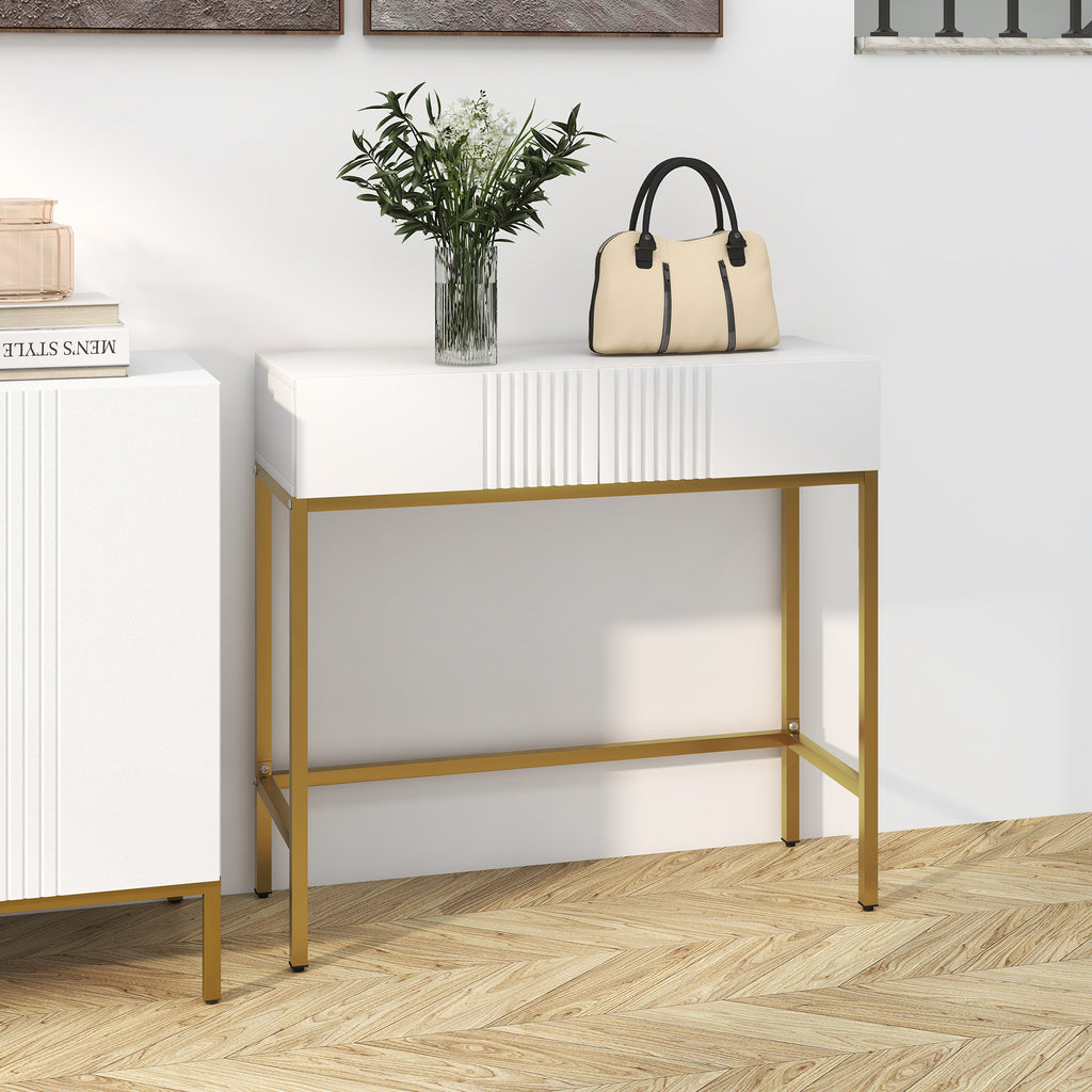 Table console console meuble avec 2 tiroirs base en acier avec pieds antidérapants 80 x 31,5 x 75 cm blanc-1
