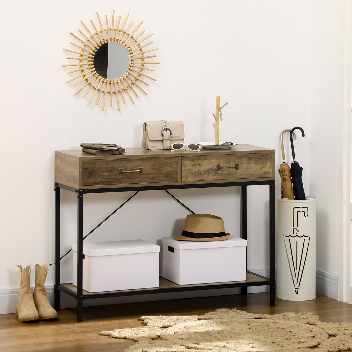 Table Console Table d'appoint d'entrée Industriel dim. 100L x 35l x 76H cm avec 2 tiroirs et 1 plateau Aspect Bois-5