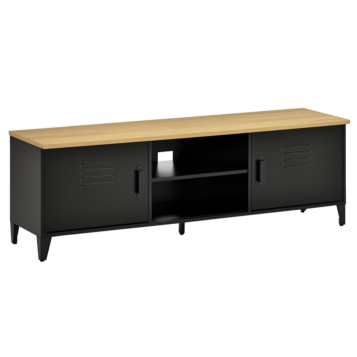 Meuble TV Banc TV pour téléviseurs de 55'' avec 2 Placards Pieds Réglables Cadre métalique noir Plateau en Bois Naturel 150 x 40 x 50 cm-0