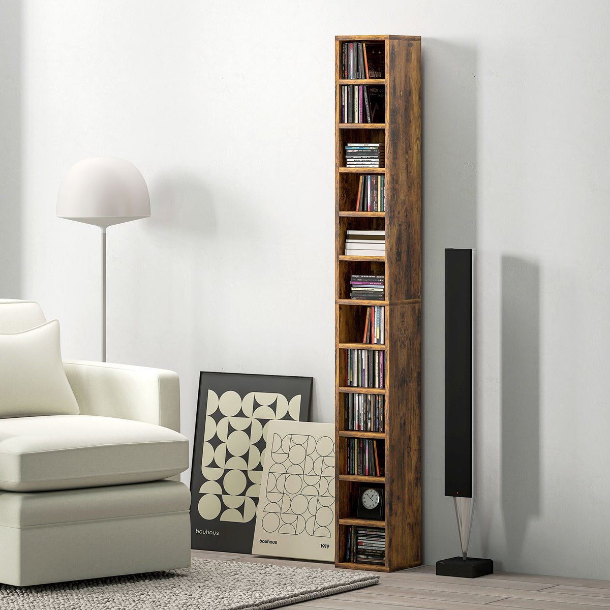 Rangements pour CD et DVD avec 12 compartiments, capacité max. 204 CD, 21 x 20 x 175 cm, brun rustique-9