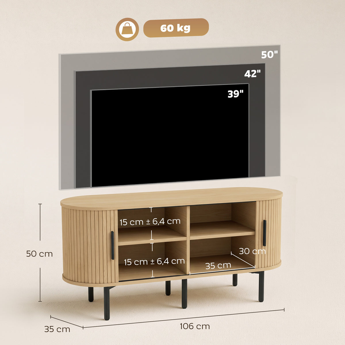 Meuble TV 106 cm, Meuble Télé pour 50 Pouces, 2 Portes Coulissantes à Tambour 4 Compartiments Étagères Réglables, Chêne-2