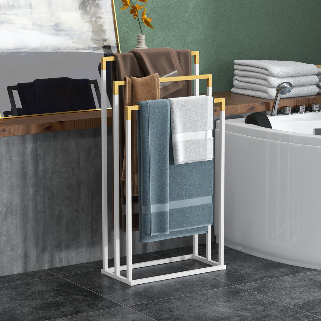 Porte-serviettes en bambou et acier sur pieds avec 3 barres support pour serviette 45 x 22,5 x 86 cm blanc et naturel-9