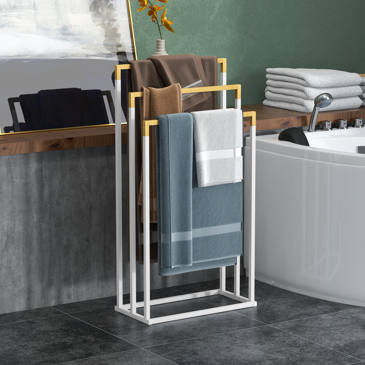Porte-serviettes en bambou et acier sur pieds avec 3 barres support pour serviette 45 x 22,5 x 86 cm blanc et naturel-9