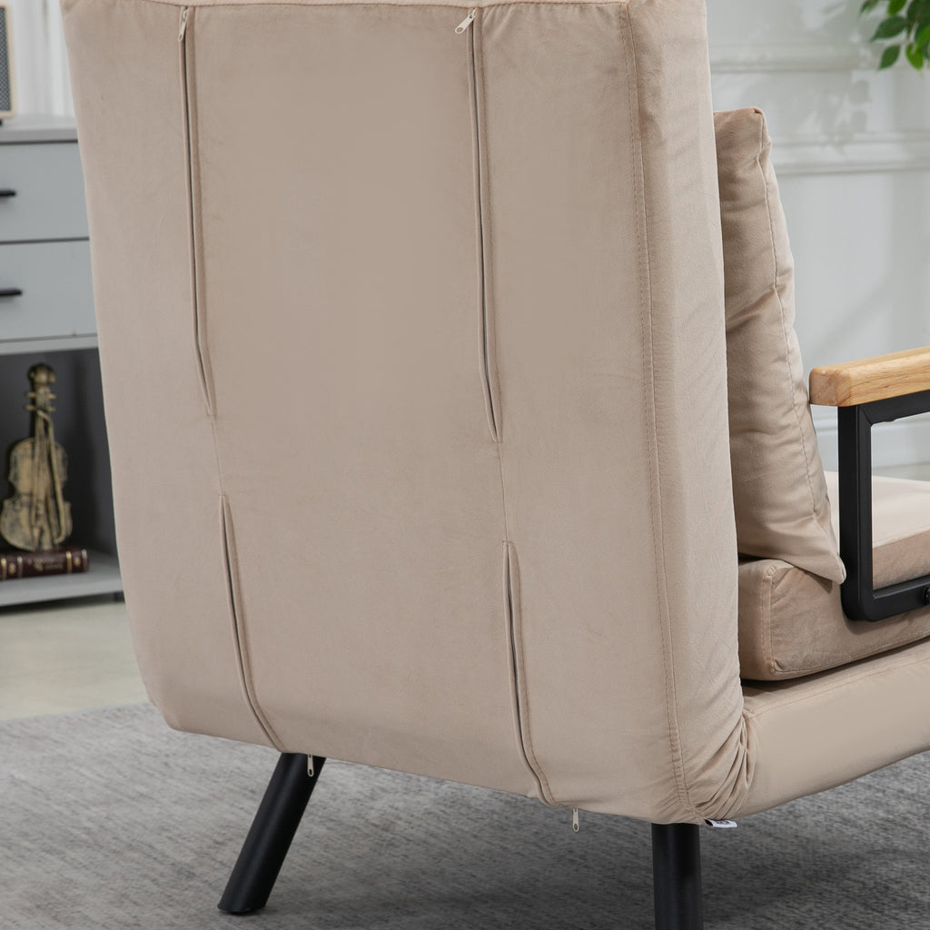 Fauteuil convertible 3 en 1 lit 1 place dossier 5 positions, accoudoirs en bois et coussin, tissu effet velours, beige-7
