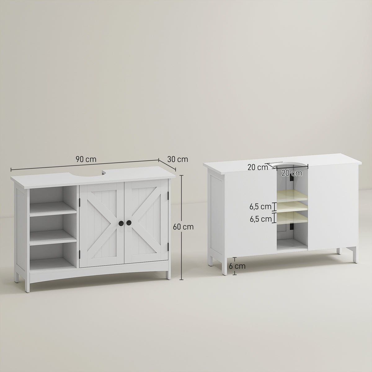 Meuble sous vasque lavabo salle de bain style classique placard 2 portes étagères réglables 90 x 30 x 60 cm blanc-2