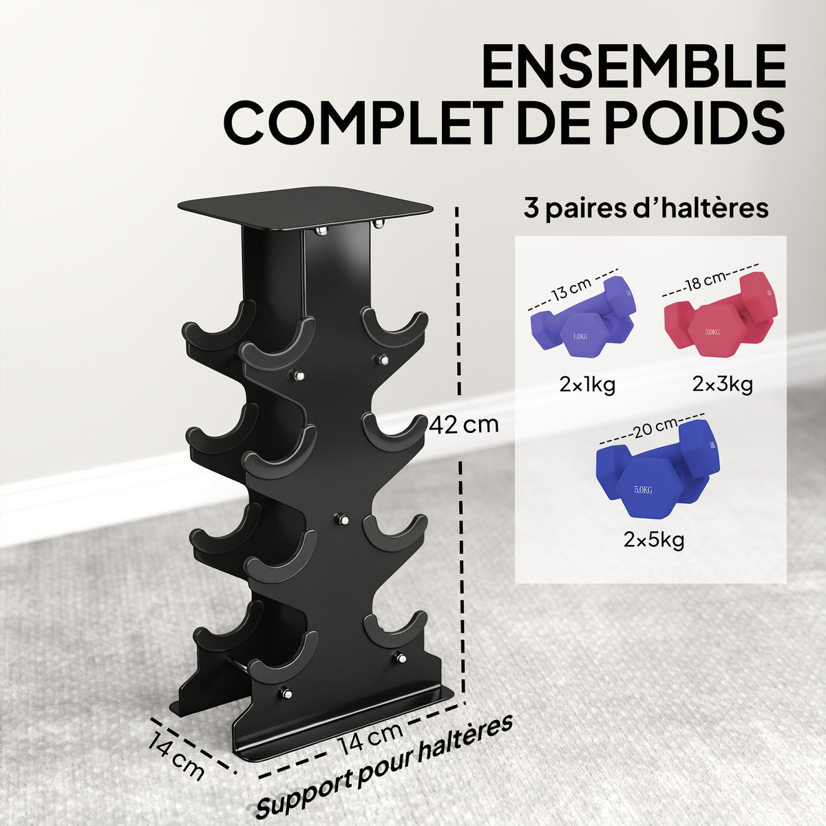 Lot 3 haltères hexagonaux avec support, 2 x 1kg, 2 x 3kg, 2 x 5kg, poignées antidérapantes, fitness à domicile-3