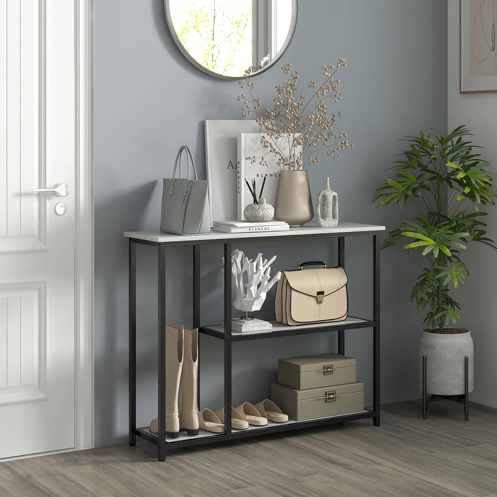 Console meuble 100 cm, table console 3 niveaux, plateaux en effet marbre, cadre en acier, blanc-1